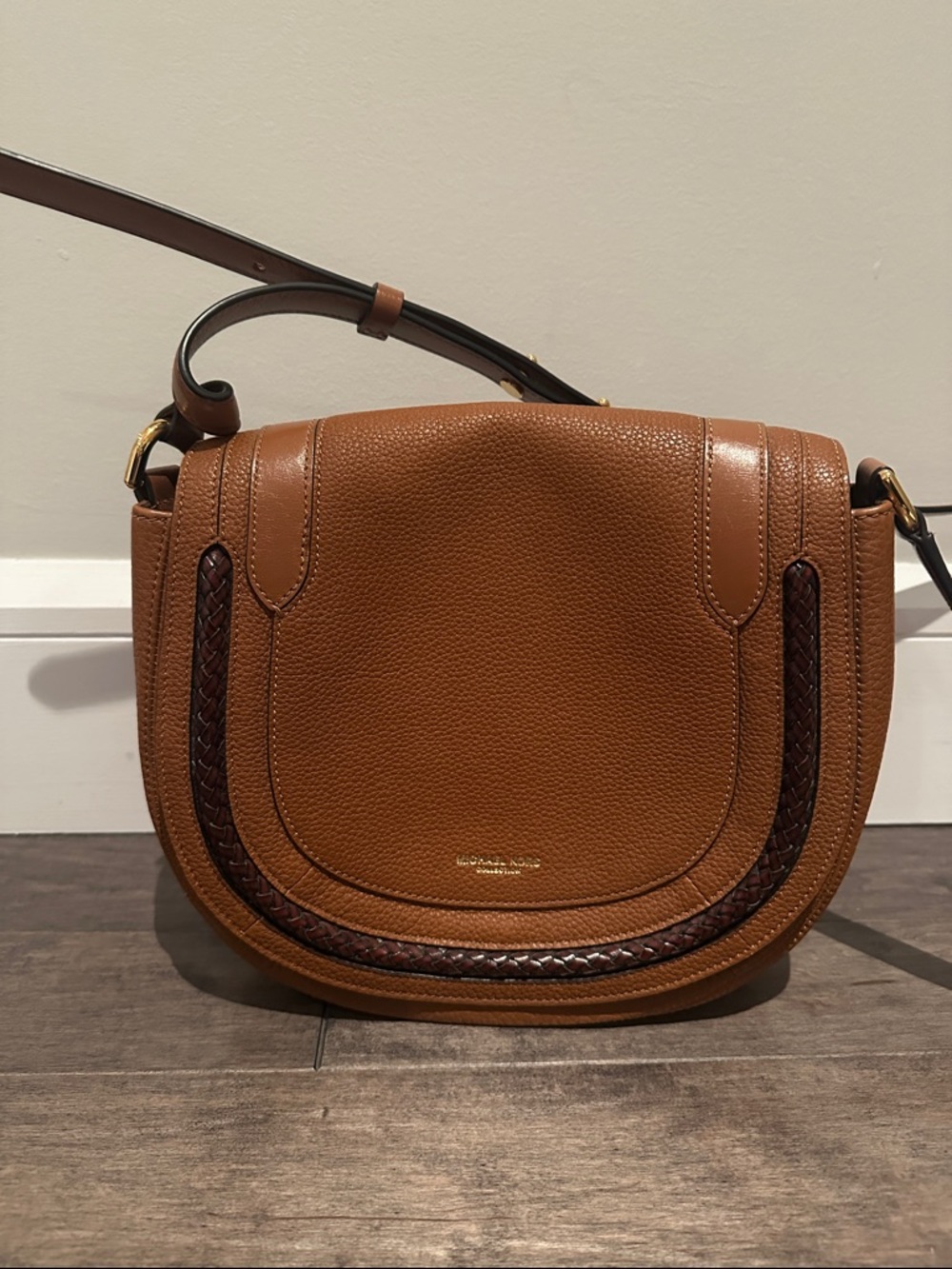 Michael Kors Collection Brown Leather Braided Trim Crossbody Bag